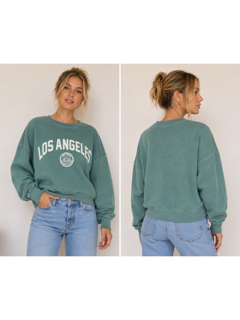 Good American Los Angeles Graphic Oversized Crewneck Sweatshirt Green XS